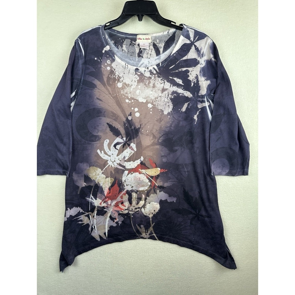 Toffee & Apple Womens XXL Blouse Multicolor Floral 3/4 Sleeve V-Neck Beaded Top